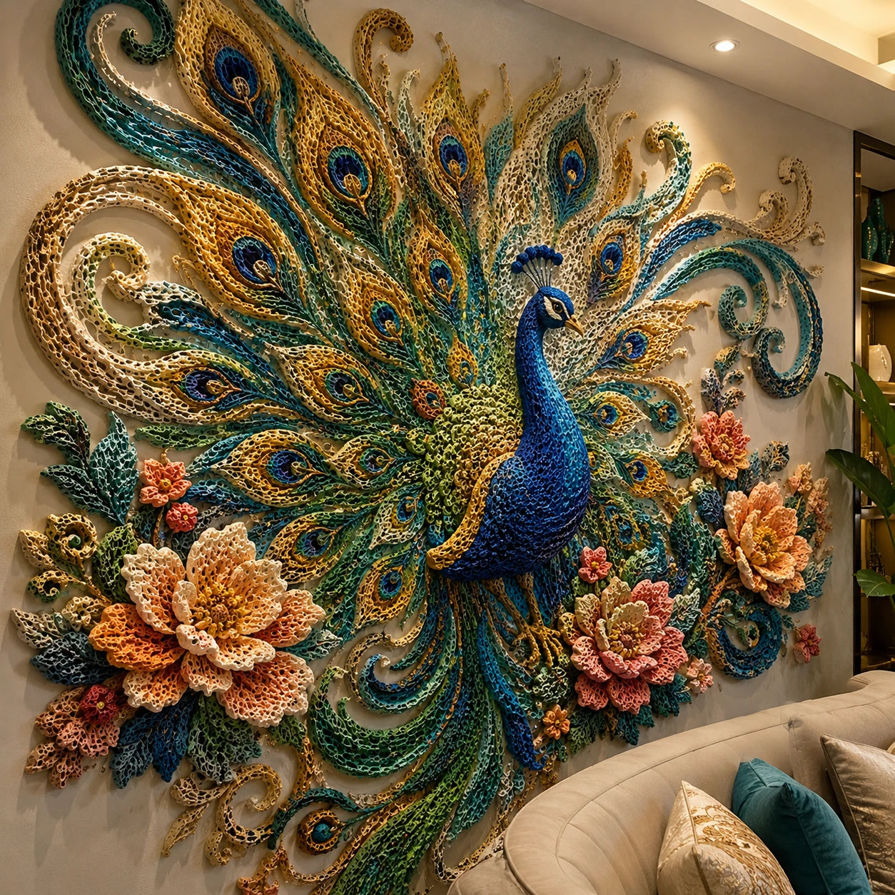 Large decorative peacock relief with textured feathers and flowers.