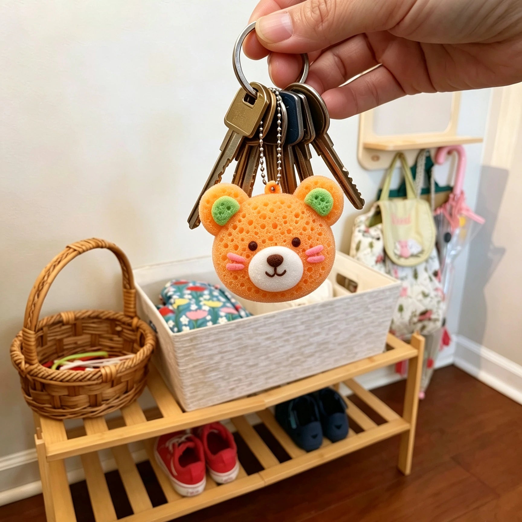 Handmade orange bear keychain with raised, colorful details.