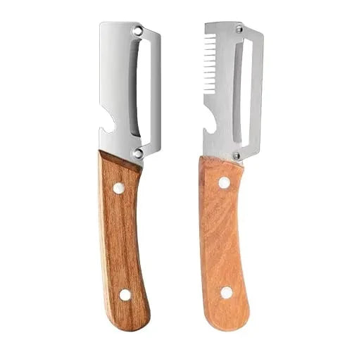 One smooth-blade peeler and one toothed julienne slicer, both with wood handles