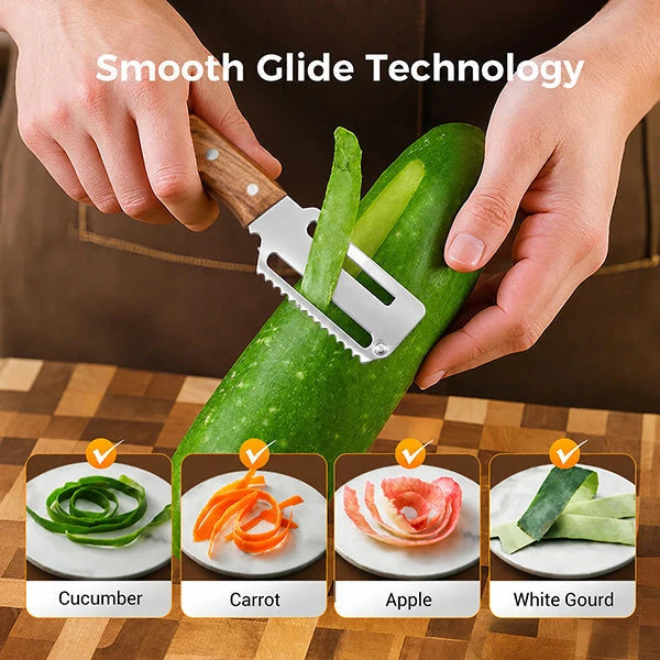 Hands holding the wood-handled peeler to remove a strip of cucumber skin