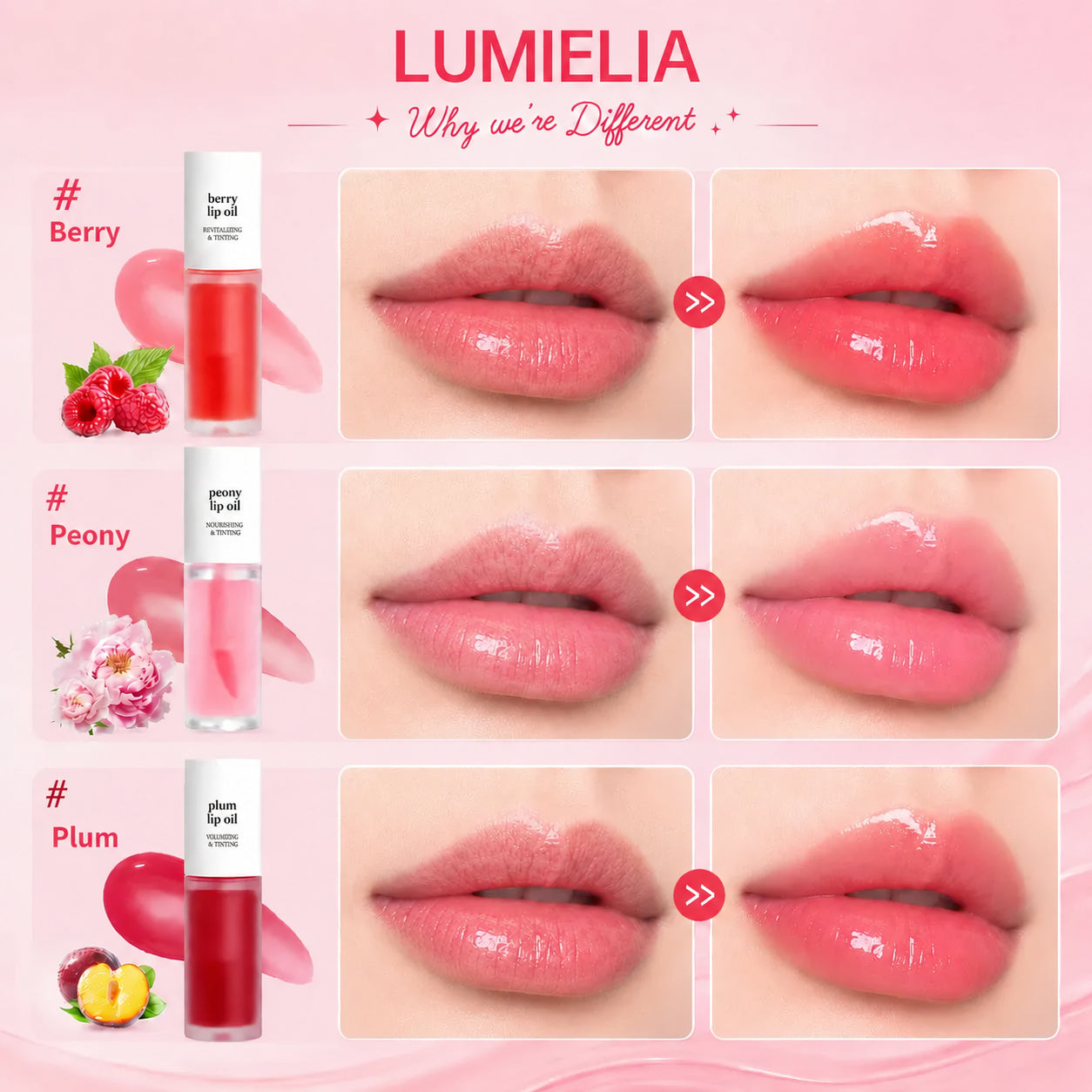Berry Peony Plum lip oil shade comparison