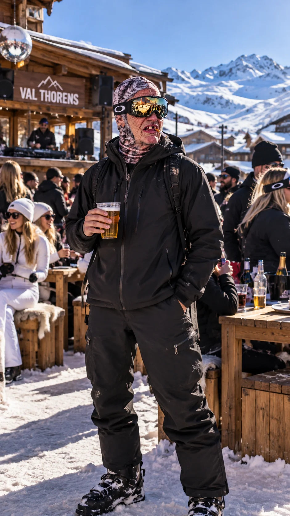 Grandpa Mask at an apres-ski terrace
