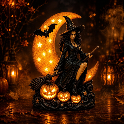 🔥🎃60% OFF Lighted Witch on Crescent Moon with Pumpkins LED Halloween Tabletop Lamp