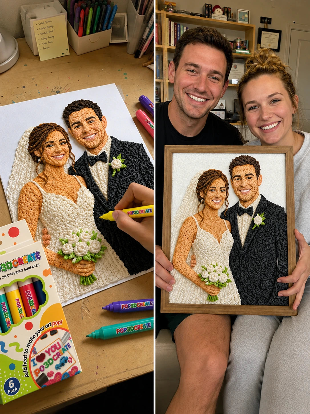 Customers displaying their handmade raised portrait painting.