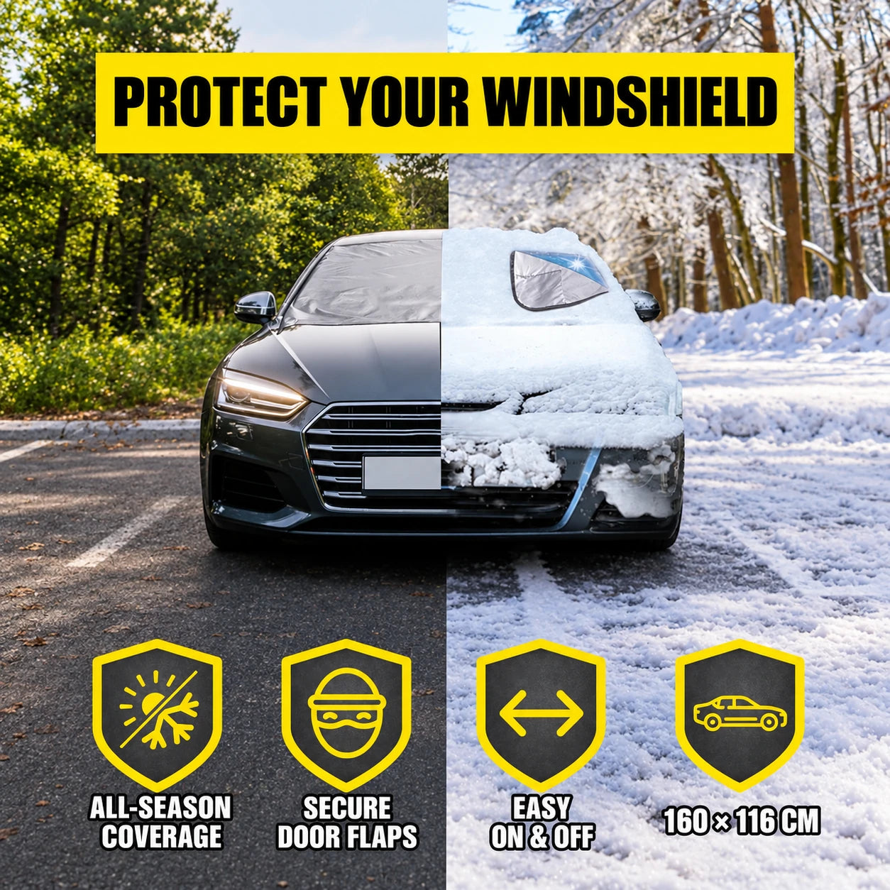 Front-view parked car split between summer and snowy winter, with all-season coverage, secure door flaps, easy fitting and 160 by 116 cm size