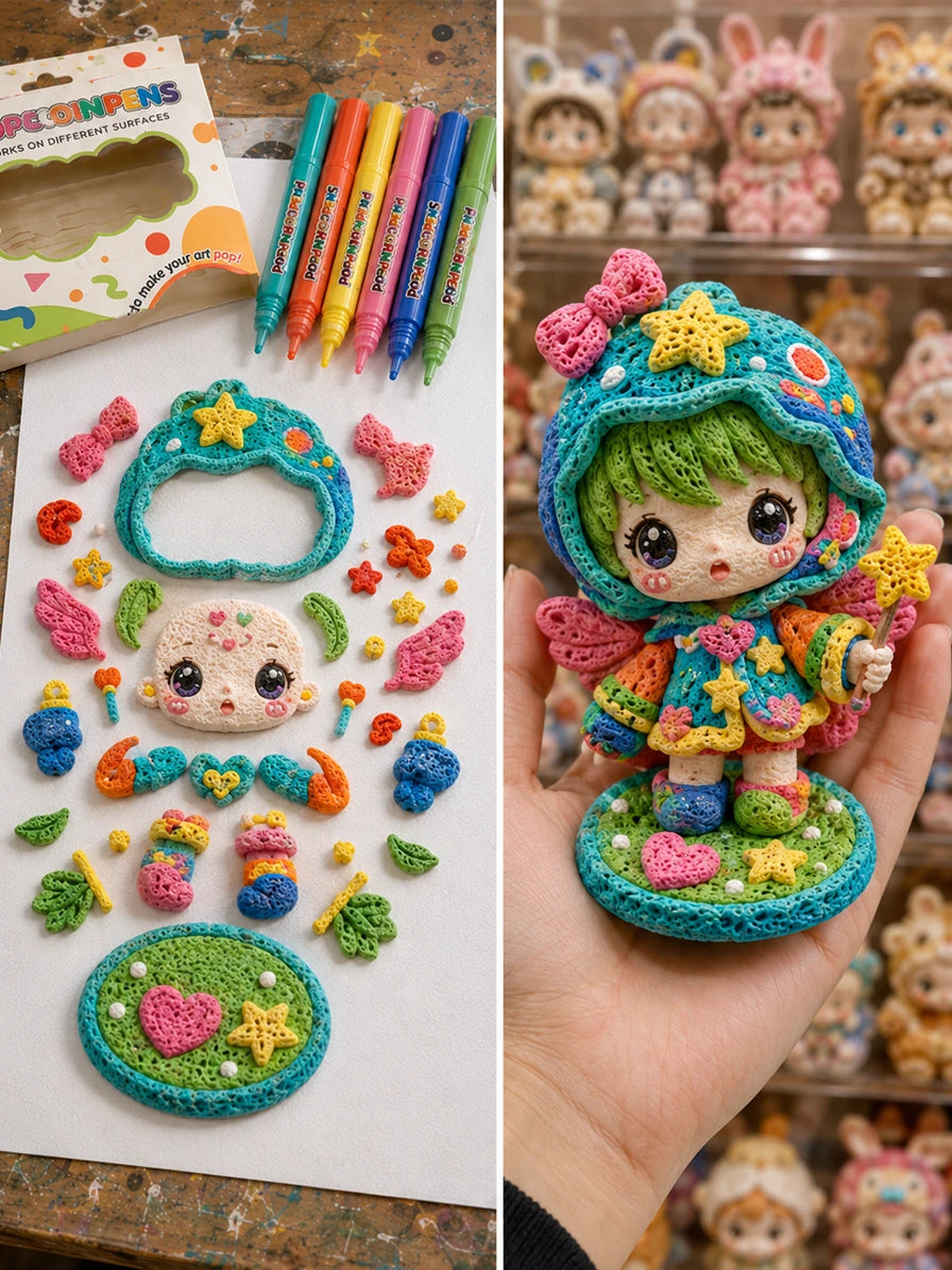 Colorful handmade ornaments, flowers and textured characters.