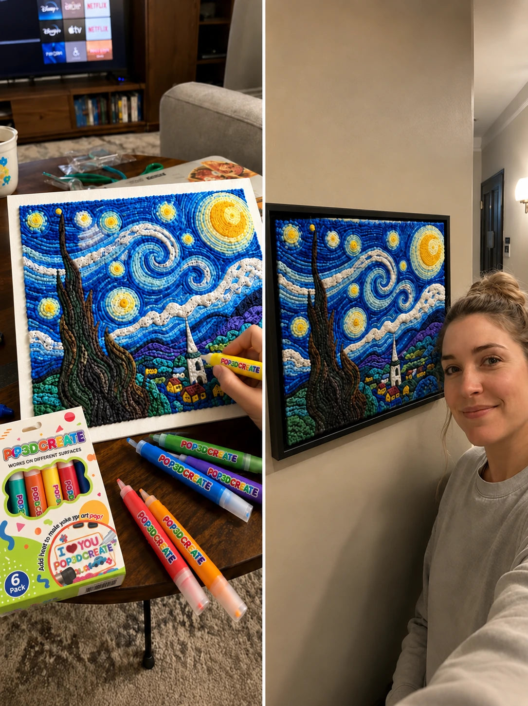 Customer showing a raised Starry Night painting and 3D art pen set.