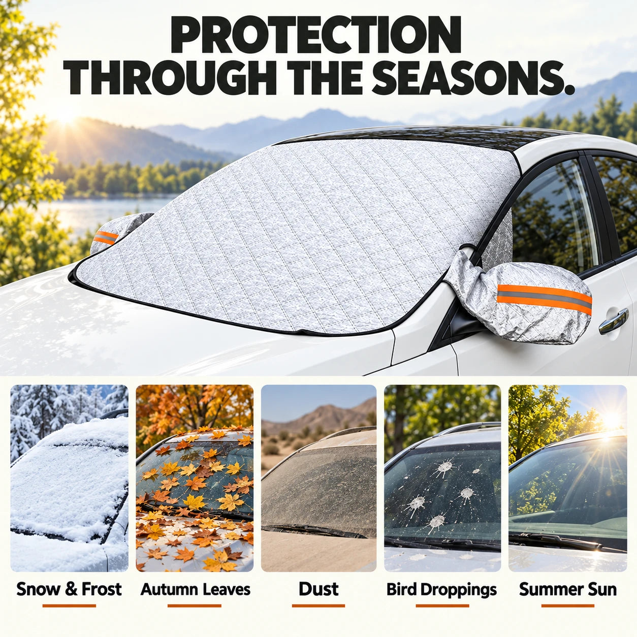 Silver windshield cover with five outdoor scenes: snow and frost, autumn leaves, dust, bird droppings and summer sun