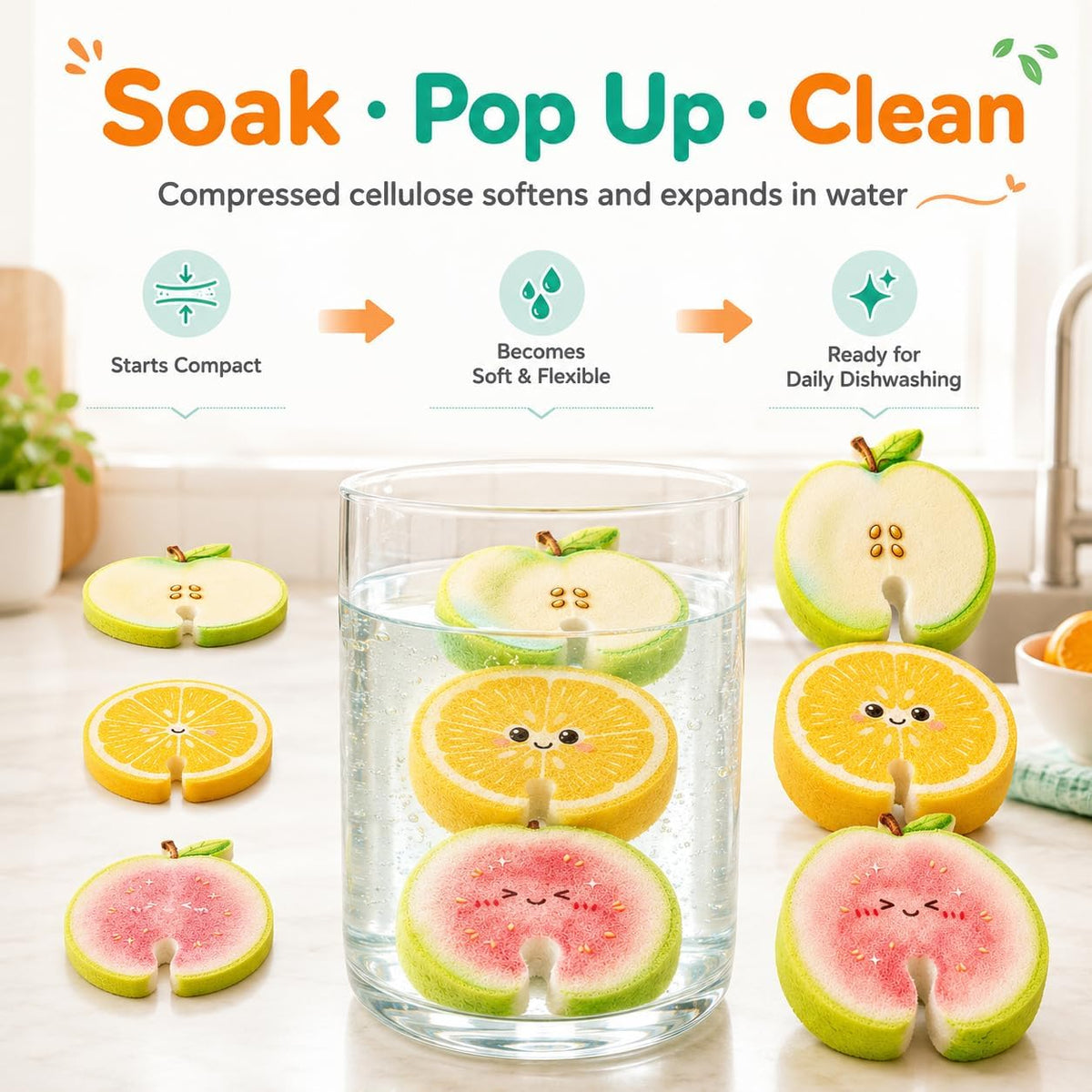Compressed fruit shaped cellulose sponge before and after soaking