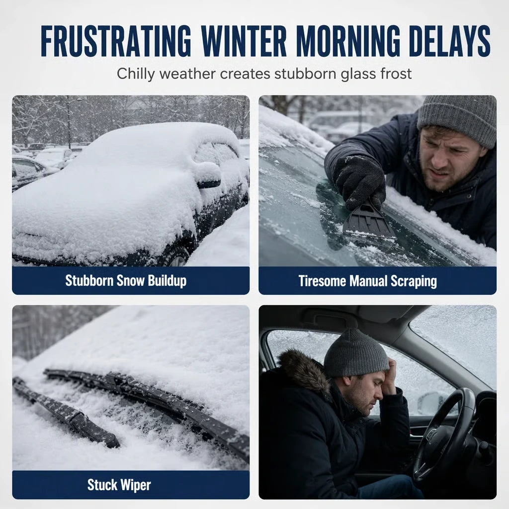 Winter parking without a cover: snow buildup, manual windshield scraping, snow-covered wipers and a delayed driver