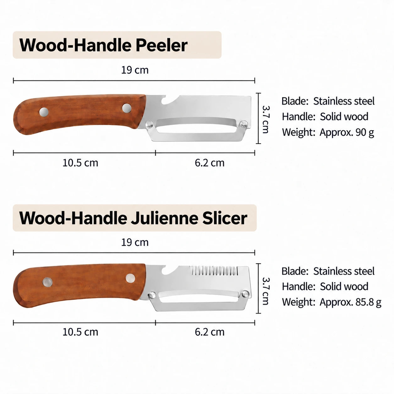 Peeler and julienne slicer dimensions: each 19 cm long with a 10.5 cm handle and a 6.2 by 3.7 cm blade. Stainless steel and solid wood; approximate weights 90 g and 85.8 g respectively.