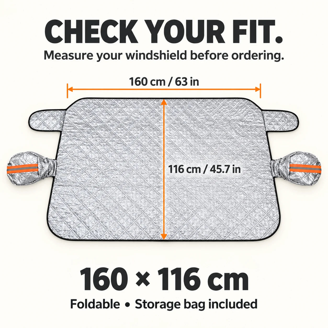 Cover dimension illustration: 160 cm wide by 116 cm high, approximately 63 by 45.7 inches