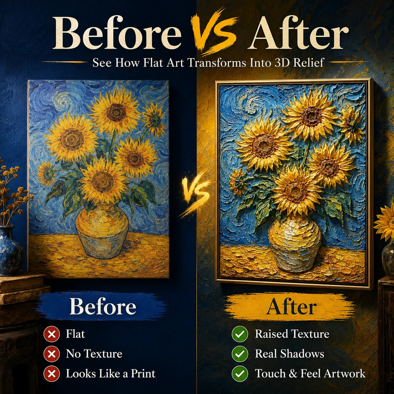 Sunflower artwork shown as a flat image and a raised textured version.