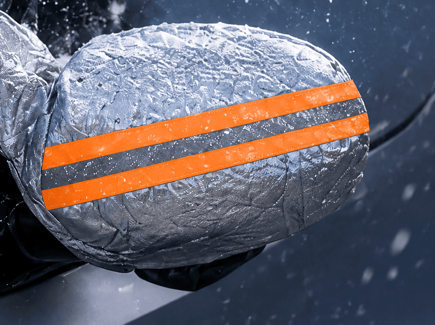 Orange reflective strips on the silver mirror cover
