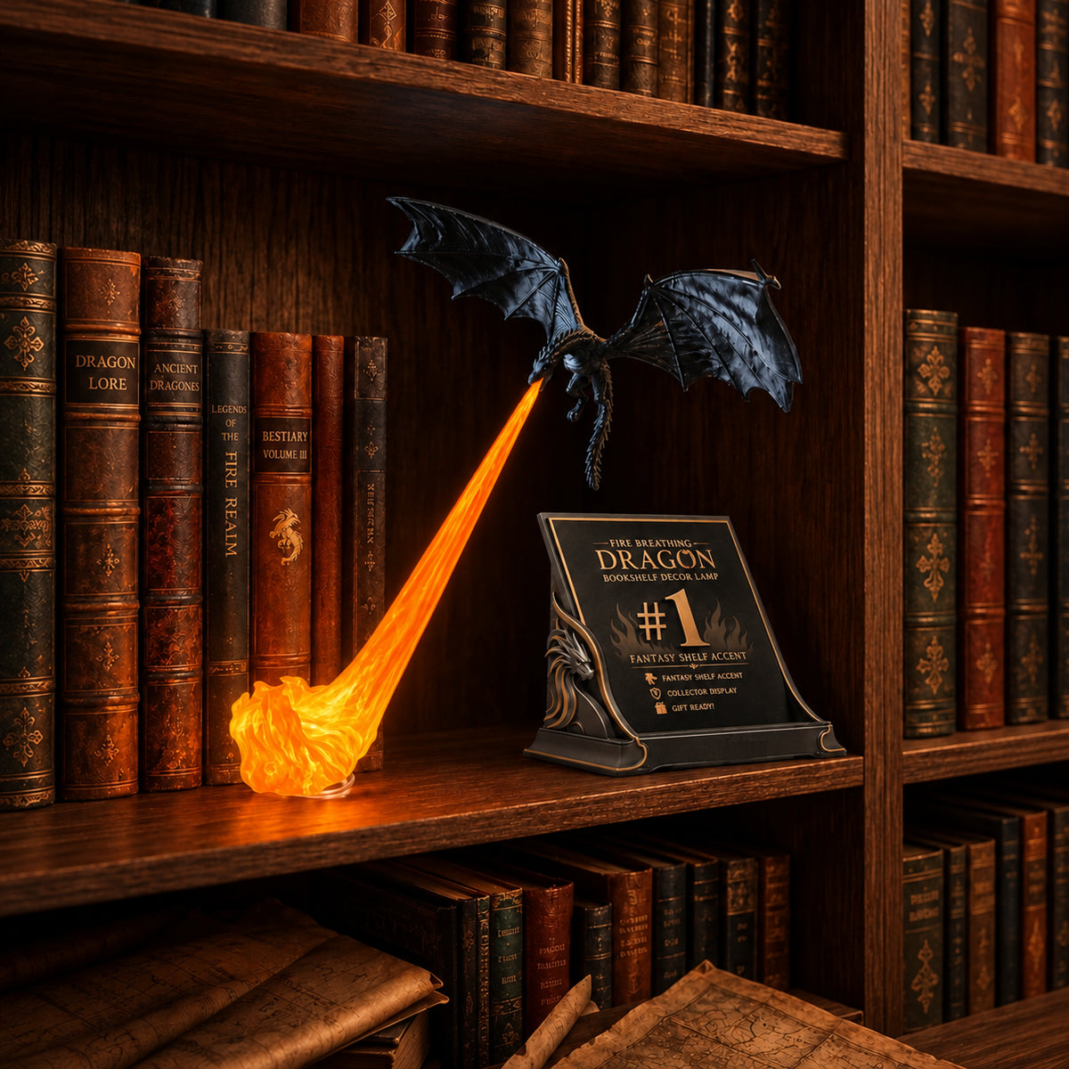 Black dragon with an illuminated orange flame displayed between books