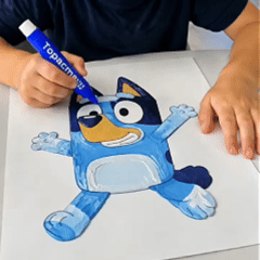 A blue cartoon character drawing being filled and finished with raised texture.