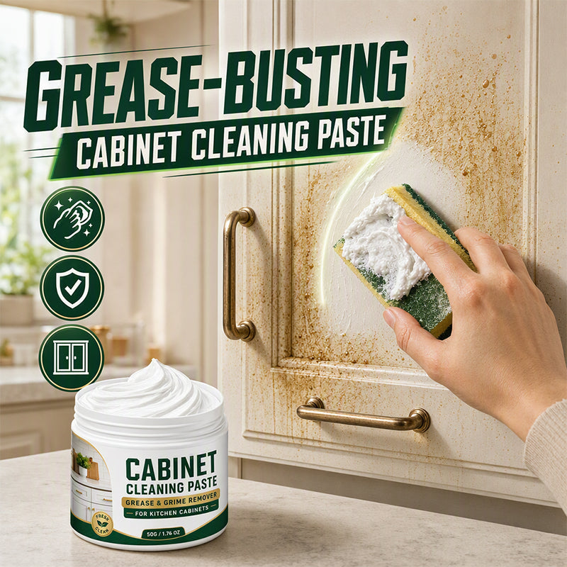 Kitchen cabinet cleaner paste tackling grease on a cabinet door